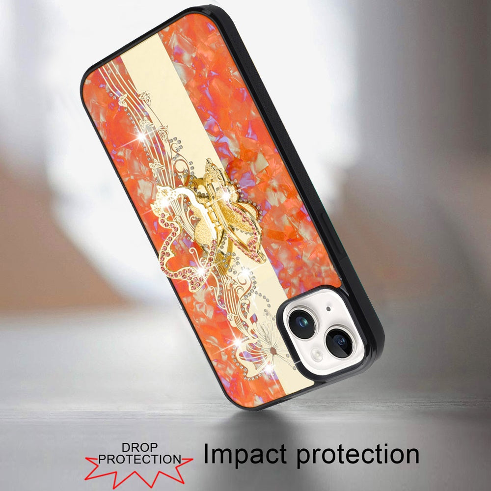 Phone Case for iPhone 15 (6.1") Diamond Glitter Butterfly Engraved Ring Stand Luxury Bling Hybrid Shockproof Chrome Edge Protective Durable Grip Cover Enchabted Butterfly Cosmic Orange