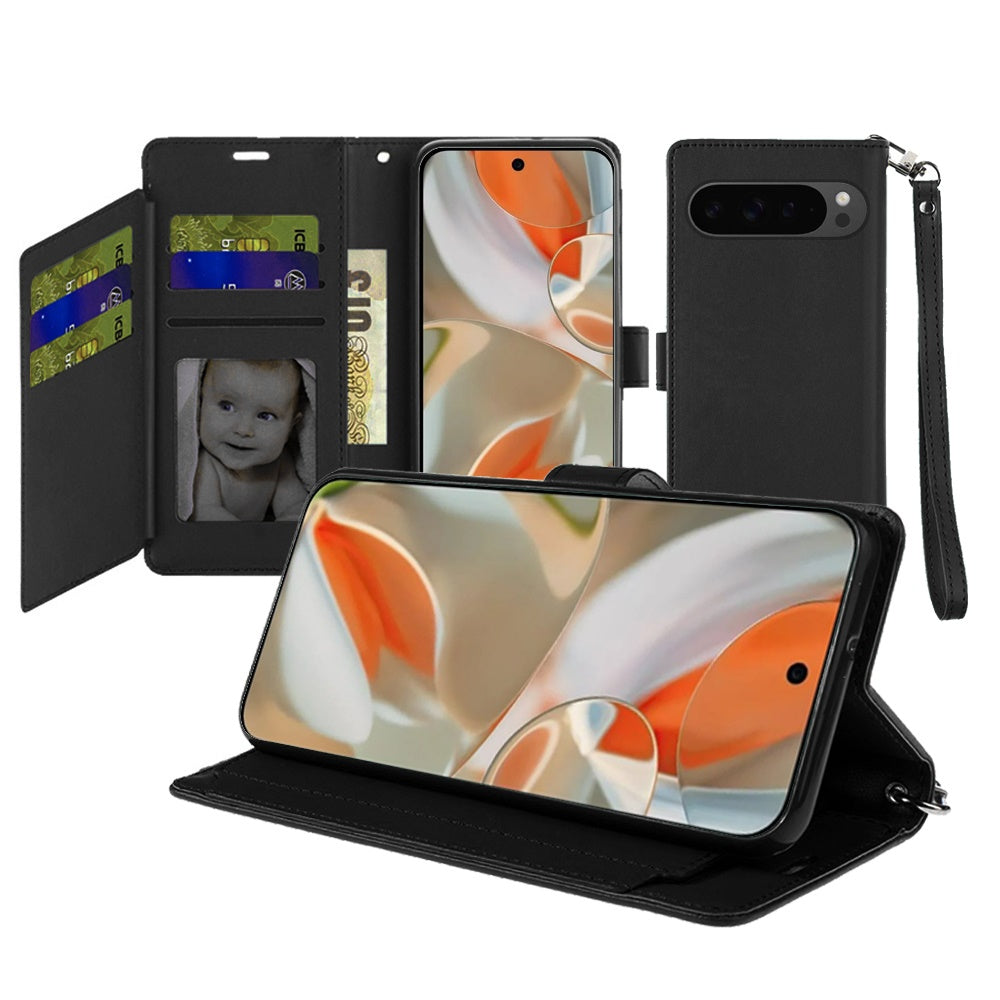 For Google Pixel 10 Pro XL Wallet Case with ID/ Card Holder, Wristlet Strap, Magnetic TPU Protective Shockproof Folio Flip Case Cover Black