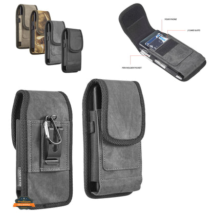 For Apple iPhone 16 (6.1") Universal Vertical Fabric Case Holster with 2 Card Slots, Pen Holder, Belt Clip Loop & Hook Carrying Phone Pouch [Black]