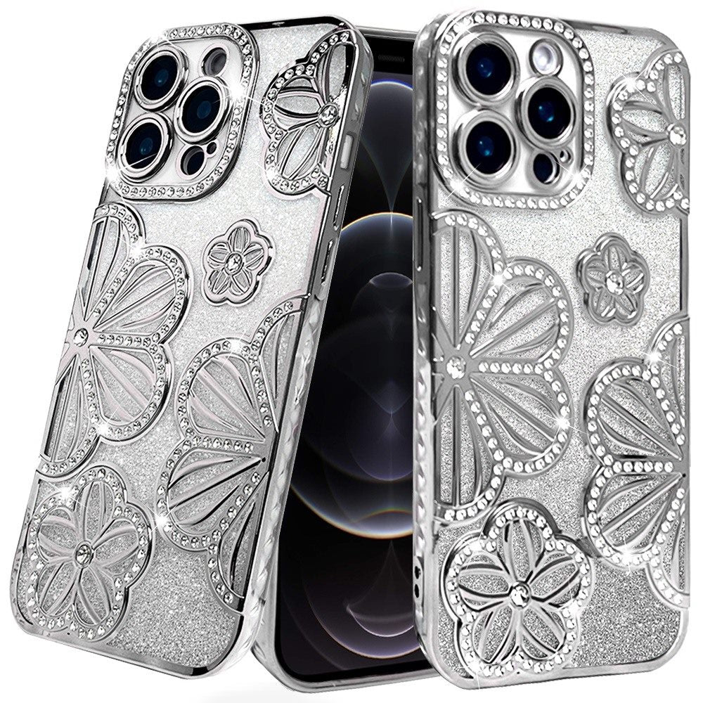 For Samsung Galaxy A26 Luxury Flower Design Sparkle Glitter Diamond Rhinestone Shimmer Bling Plating Thick TPU Hard PC Case Cover Flower Silver