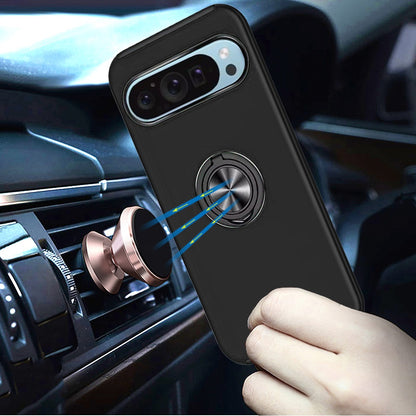 For Google Pixel 9 Pro XL Hybrid 360 Degree Rotatable Metal Invisible Ring Stand Holder Slim Fit Magnetic Car Mount Shockproof Case Cover Black