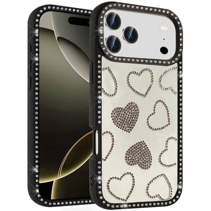 For Apple iPhone 17 Pro Max (6.9") Spread Love Glitter Shimmer Bling Diamond Edge Hybrid Drop Protection Shockproof Design Case Cover Beige