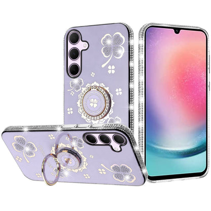 For Samsung Galaxy A26 Diamonds Bling All Around Edges Sparkly Glitter Hybrid with Ring Stand Holder Fashion Good Luck Case Cover
