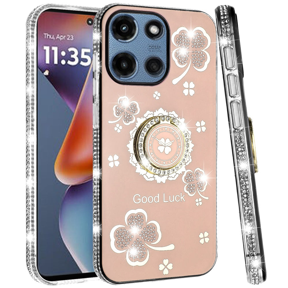 For Motorola Moto G Stylus 5G 2025 Diamonds Bling All Around Edges Sparkly Glitter Hybrid with Ring Stand Holder Fashion Good Luck Case Cover