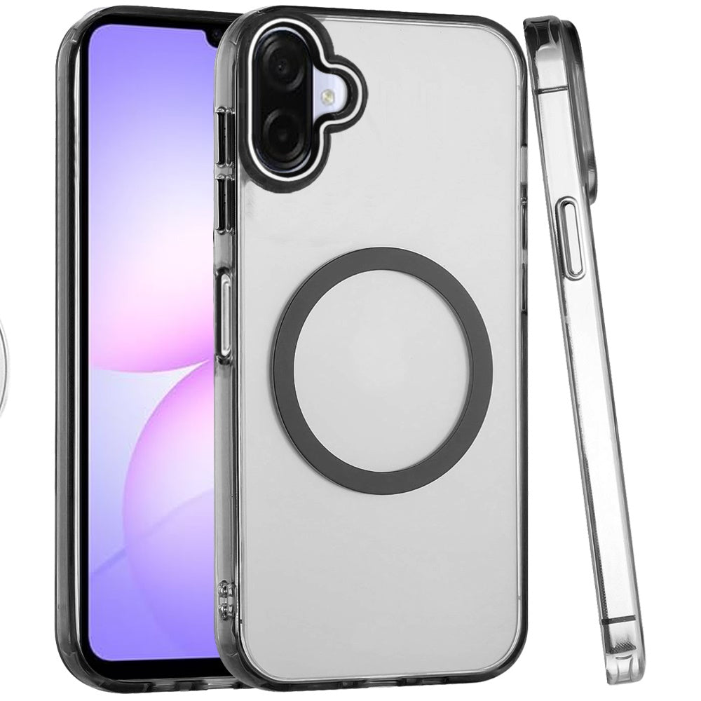 For Samsung Galaxy A07 Transparent Back Hybrid Case - Magnetic Circle, Color Frame, Metal Buttons, MagSafe Compatible Case Cover