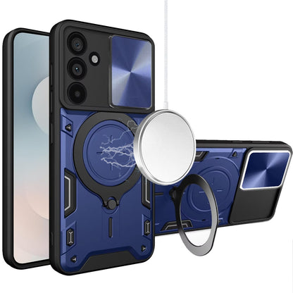 Phone Case for Samsung Galaxy S25 FE, S25 Fan Edition Magnetic Ring Stand Shockproof Hybrid Full Camera Slide Guard Anti Slip Heavy Duty Protective Armor Cover Blue