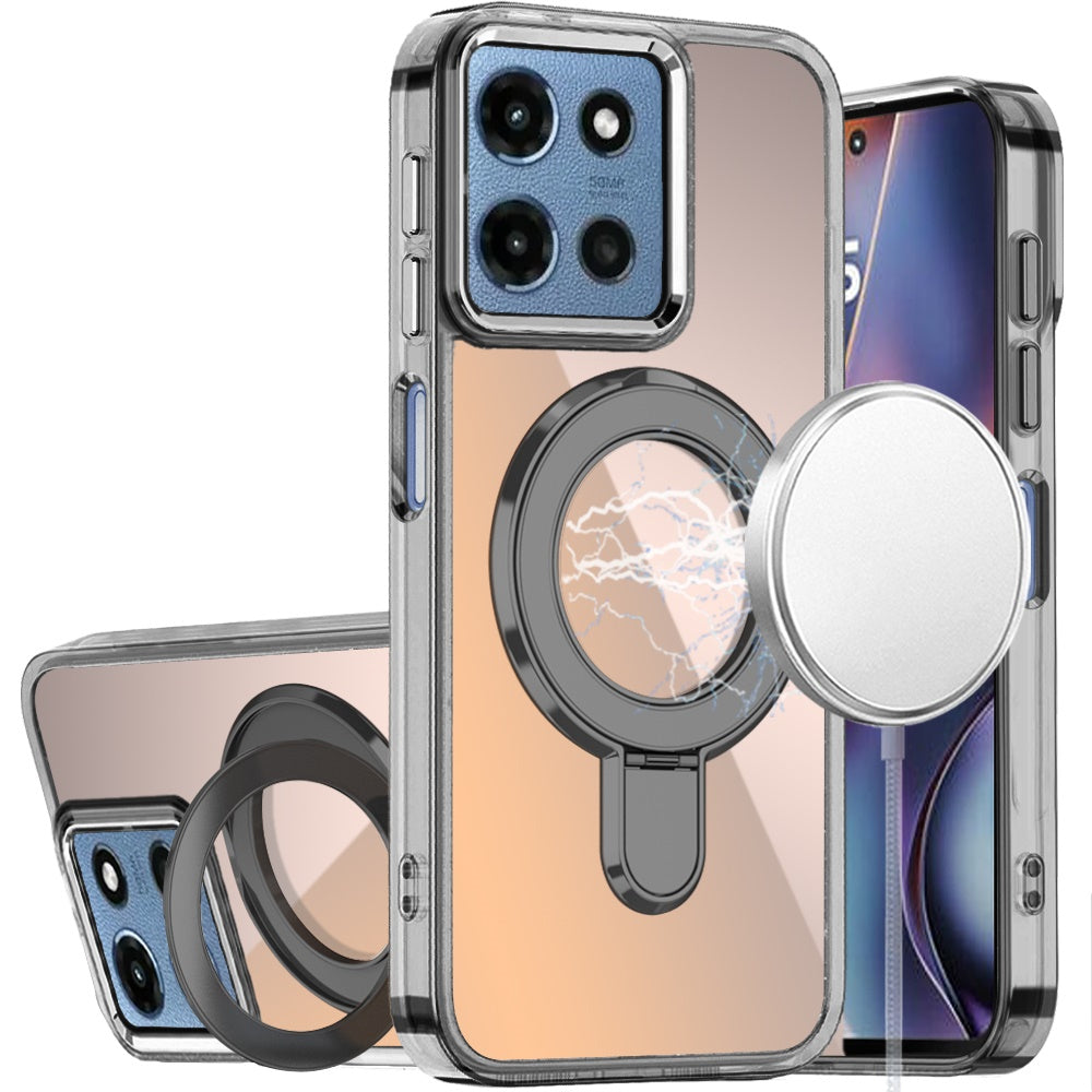 For Motorola Moto G Play 5G 2026 Chrome Hybrid with Rotating Magnetic Circle Ring Stand, Slim Shockproof Hybrid Case Cover Cosmic Orange