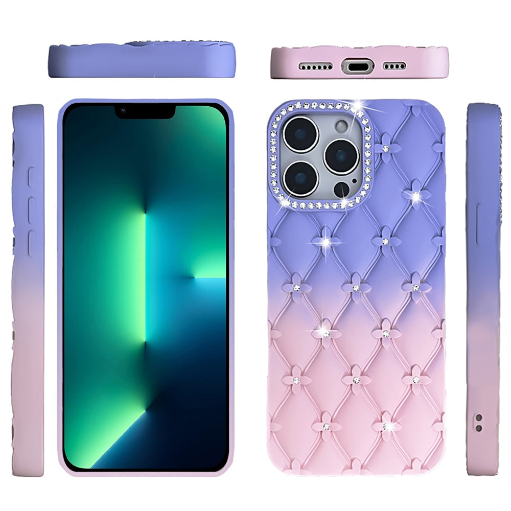 For Apple iPhone 17E /16E Fashion Flower Design Sparkle Glitter Shimmer Rhinestone Bling Floral Accents, Leather Texture TPU Case Cover