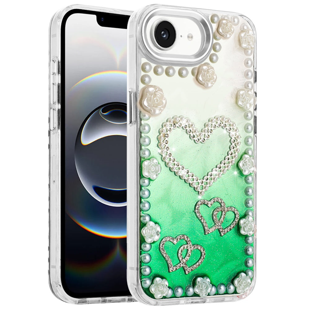 For Apple iPhone 17E /16E Bling Fashion Design with 3D Pearls Epoxy Glitter Ornaments Chrome Edge Hard Slim PC Case Cover