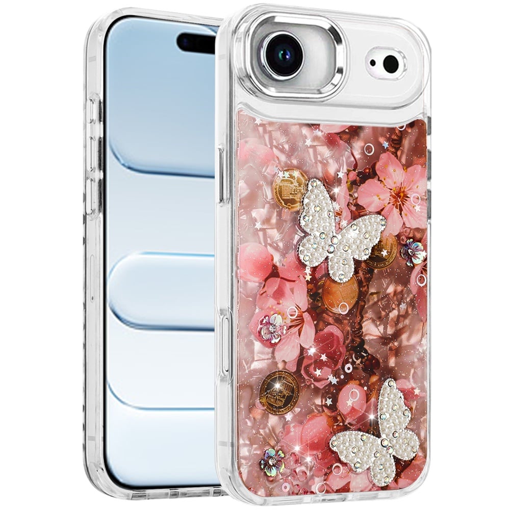 For Apple iPhone 17 Air (6.6") Epoxy Glitter Flowers Bling 3D Butterfly Fashion TPU Hybrid with Shockproof Protection Case Cover