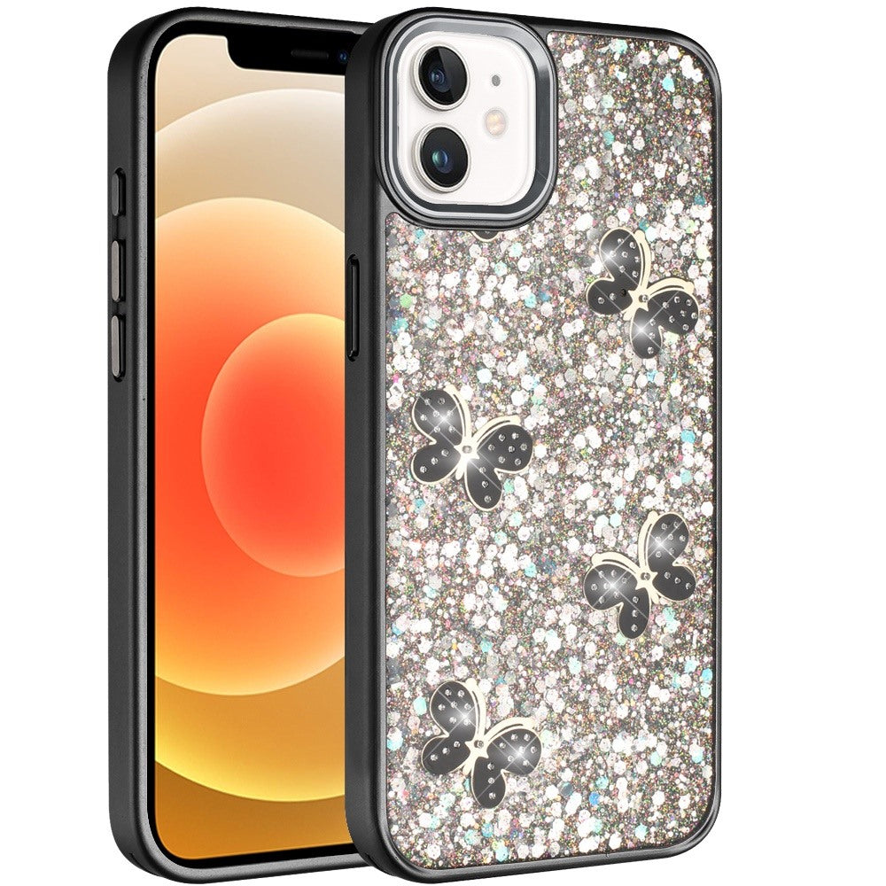 For iPhone 12 / iPhone 12 Pro (6.1") Cute Butterfly Crystal Diamond Glitter Case Sparkle Bling Frame Metallic Edges, Shimmer TPU Hybrid Case Cover
