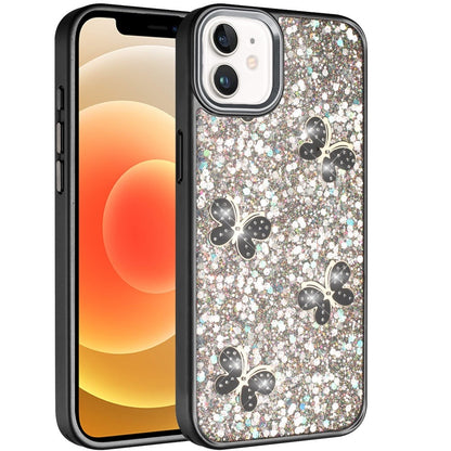 For iPhone 12 / iPhone 12 Pro (6.1") Cute Butterfly Crystal Diamond Glitter Case Sparkle Bling Frame Metallic Edges, Shimmer TPU Hybrid Case Cover