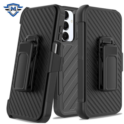 For Samsung Galaxy A16 5G Premium Design Hybrid lined with Belt Clip Holster Shockproof Rugged Textured 2in1 Non Slip Tough Case Cover Black
