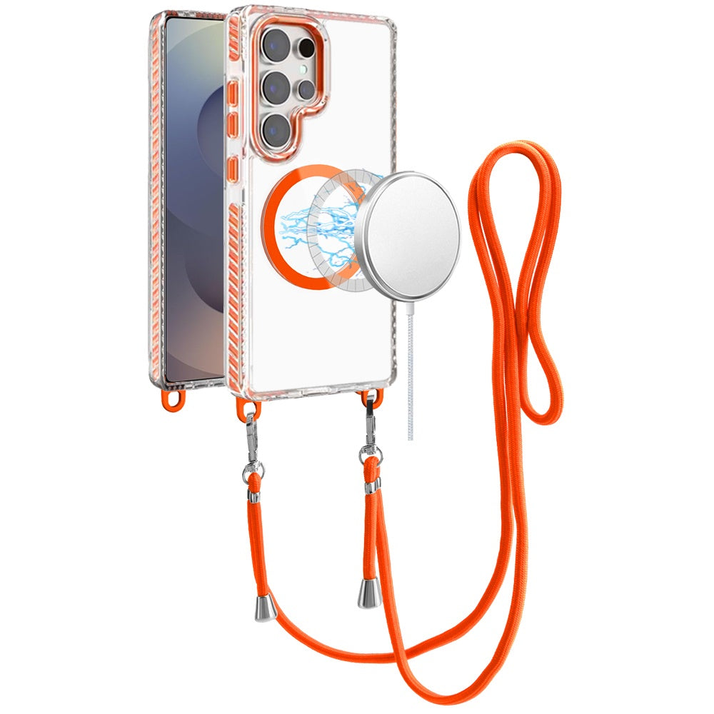 Phone Case for Samsung Galaxy S25 Ultra Transparent Magnetic Lanyard Shockproof Hybrid Clear Grip Durable Camera Protection TPU Anti-Slip Design Cover Cosmic Orange