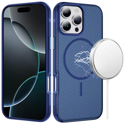 Phone Case for Apple iPhone 16 Pro Max Shockproof Magnetic Carbon Fiber Texture Metallic Button Rugged Grip Anti Fingerprint Heavy Duty Hybrid Armor Cover Blue