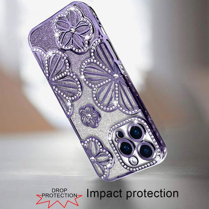 For iPhone 16 Pro Max (6.9") Luxury Flower Design Sparkle Glitter Diamond Rhinestone Shimmer Bling Plating Thick TPU Hard PC Case Cover