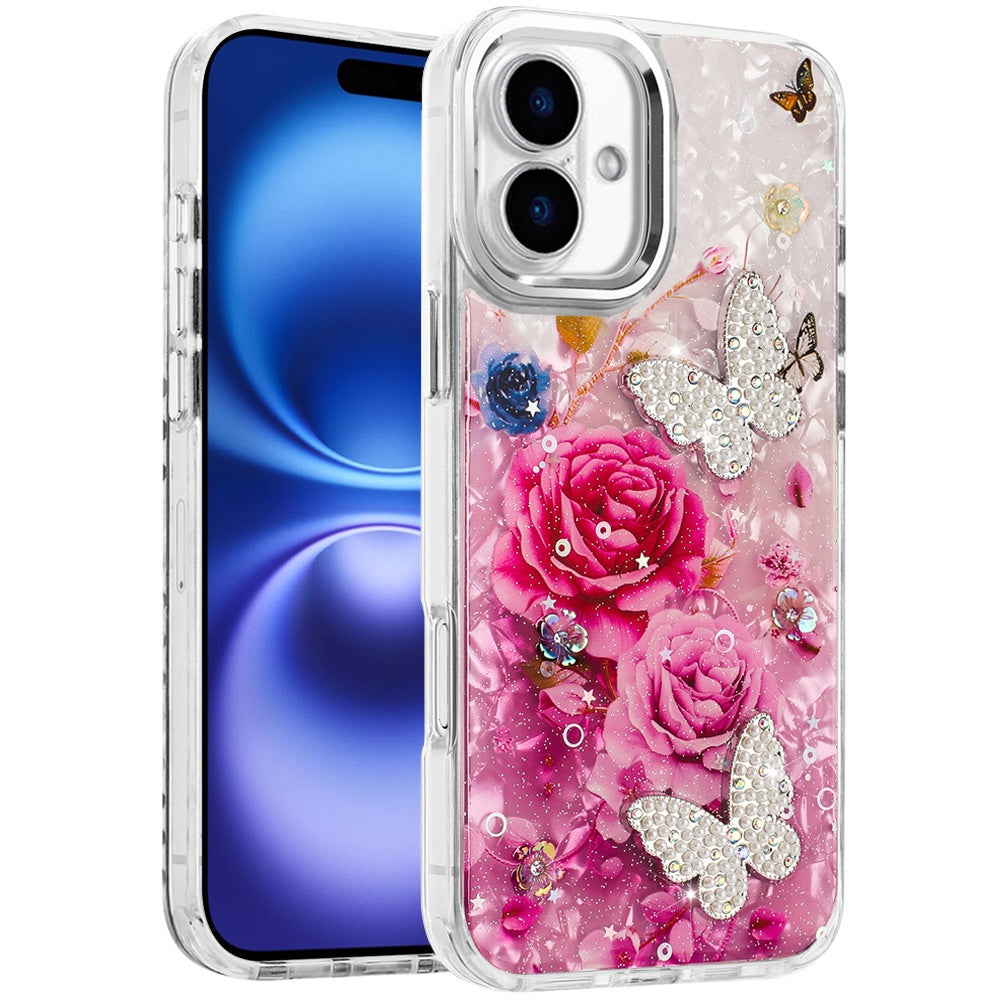 For Apple iPhone 17 (6.3") Epoxy Glitter Flowers Bling 3D Butterfly Fashion TPU Hybrid with Shockproof Protection Case Cover