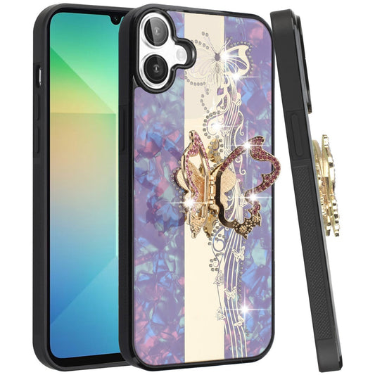 For Samsung Galaxy A06 Diamonds 3D Butterfly Bling Sparkly Glitter Ornaments Engraving Hybrid with Ring Stand Fashion Case Cover Enchanted Butterfly Purple