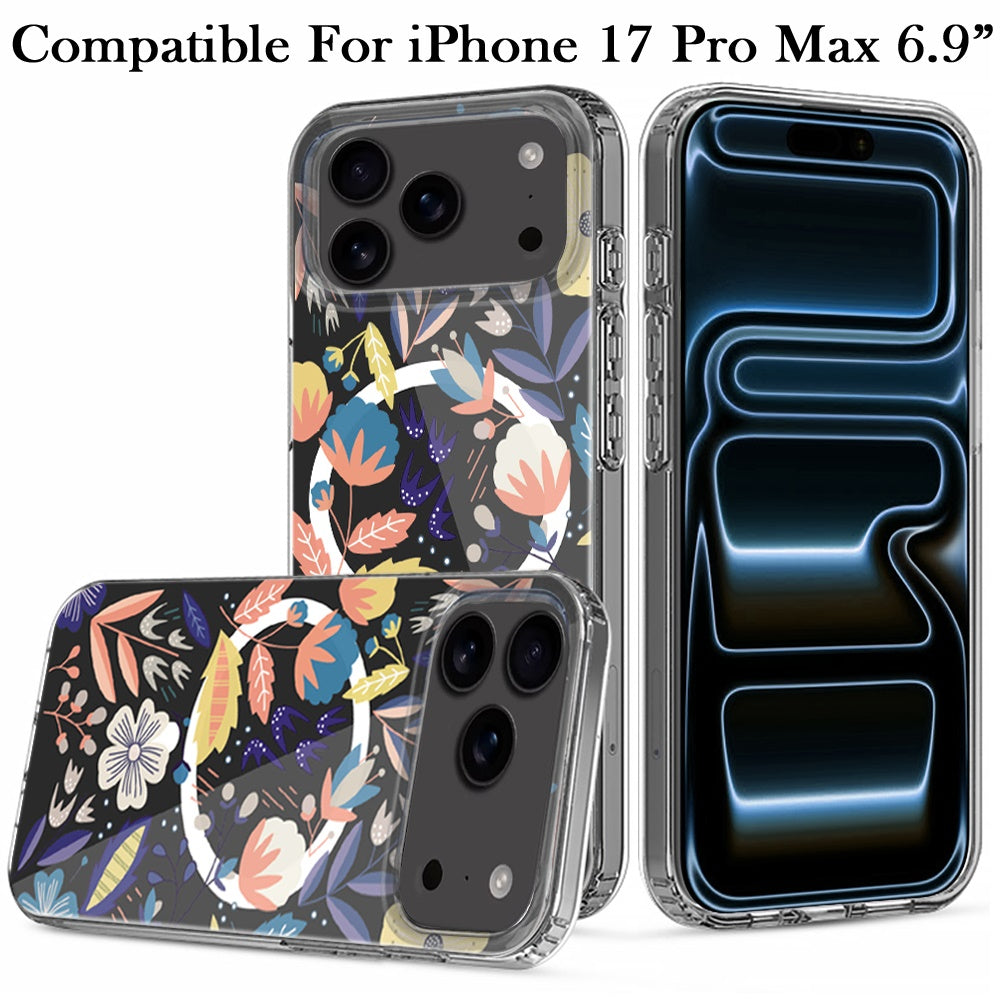 For Apple iPhone 17 Pro Max Hybrid Flower Design Stylish Fashion Case, MagSafe Compatible, Thick Shockproof Hard PC Case Cover