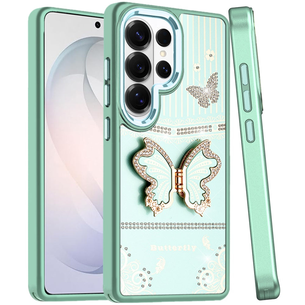 For Samsung Galaxy S26 Ultra Glitter 3D Butterfly Design Bling Metallic Edge Hybrid Stand Drop Protection TPU Shockproof Case Cover