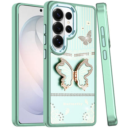 For Samsung Galaxy S26 Ultra Glitter 3D Butterfly Design Bling Metallic Edge Hybrid Stand Drop Protection TPU Shockproof Case Cover