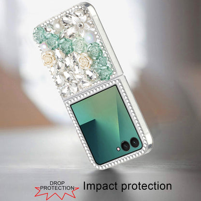 For Samsung Galaxy Z Flip 7 Fashion Rose Flower Floral Bling Crystal 3D Full Diamonds Pearl Sparkle Rhinestone Glitter Hybrid Case Cover