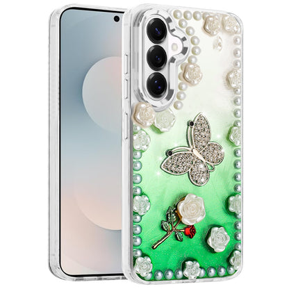 For Samsung Galaxy S26 Bling Fashion Design with 3D Pearls Epoxy Glitter Ornaments Chrome Edge Hard Slim PC Case Cover