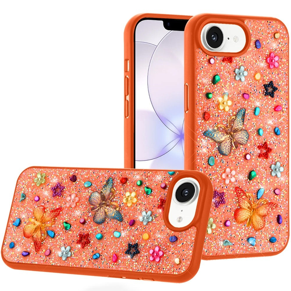 Phone Case for Apple iPhone 17E /16E 3D Butterfly Diamond Bling Glitter Shockproof Stylish Protective Luxury Hybrid Sparkly Durable Grip Design Cover Cosmic Orange
