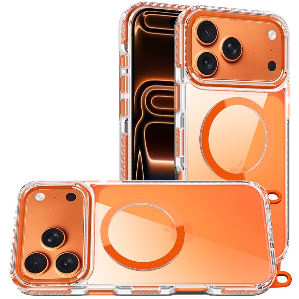 For Apple iPhone 17 Pro (6.3") Clear Magnetic Frame PC Back Shockproof Protective Case with Detachable Lanyard Strap, Compatible with MagSafe Case Cover Black