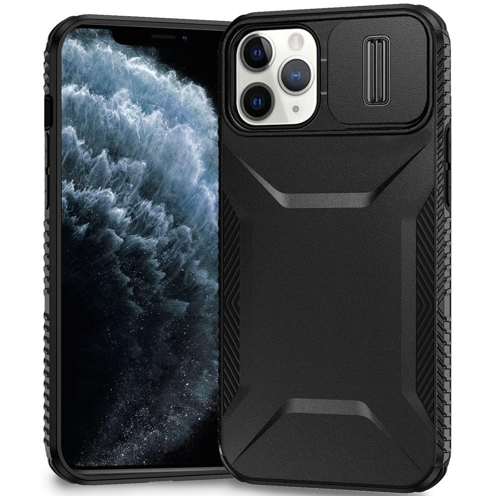 For Apple iPhone 11 Pro Max Slim Fit Shockproof Hybrid with Slide Camera Window Covering, Rugged Tpu Silicone Hard PC Bumper Case Cover Black
