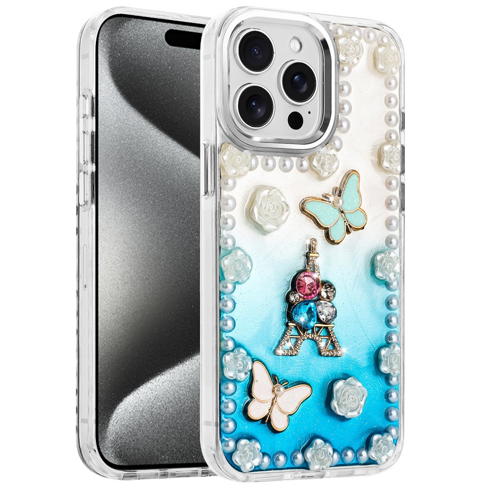 For Apple iPhone 15 Pro Max Bling Fashion Design with 3D Pearls Epoxy Glitter Ornaments Chrome Edge Hard Slim PC Case Cover