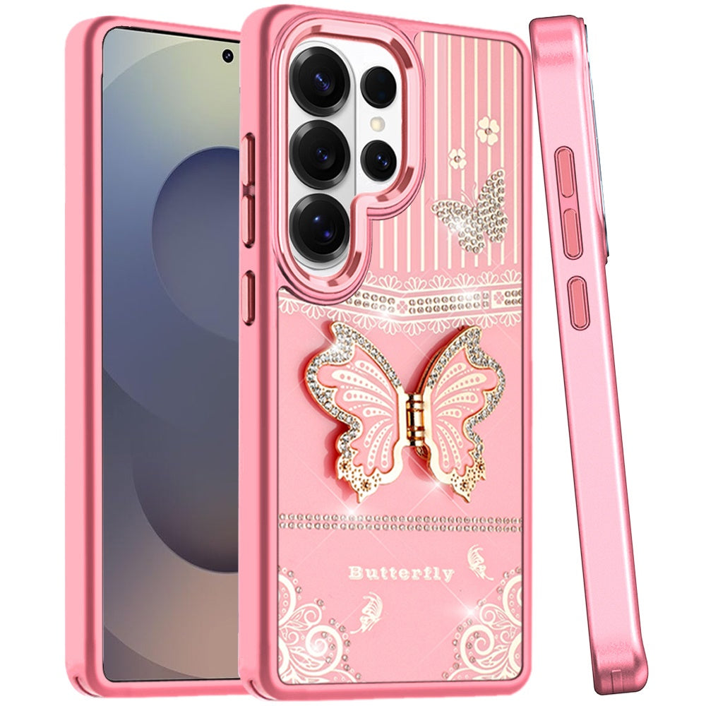 For Samsung Galaxy S25 Ultra Glitter 3D Butterfly Design Bling Metallic Edge Hybrid Stand Drop Protection TPU Shockproof Case Cover