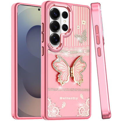 For Samsung Galaxy S25 Ultra Glitter 3D Butterfly Design Bling Metallic Edge Hybrid Stand Drop Protection TPU Shockproof Case Cover