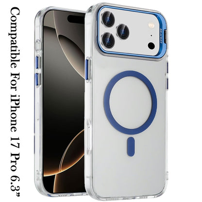 For Apple iPhone 17 Pro (6.3") Magnetic Back MagSafe Compatible Transparent Hybrid Drop Protection with Metallic Camera Stand Case Cover