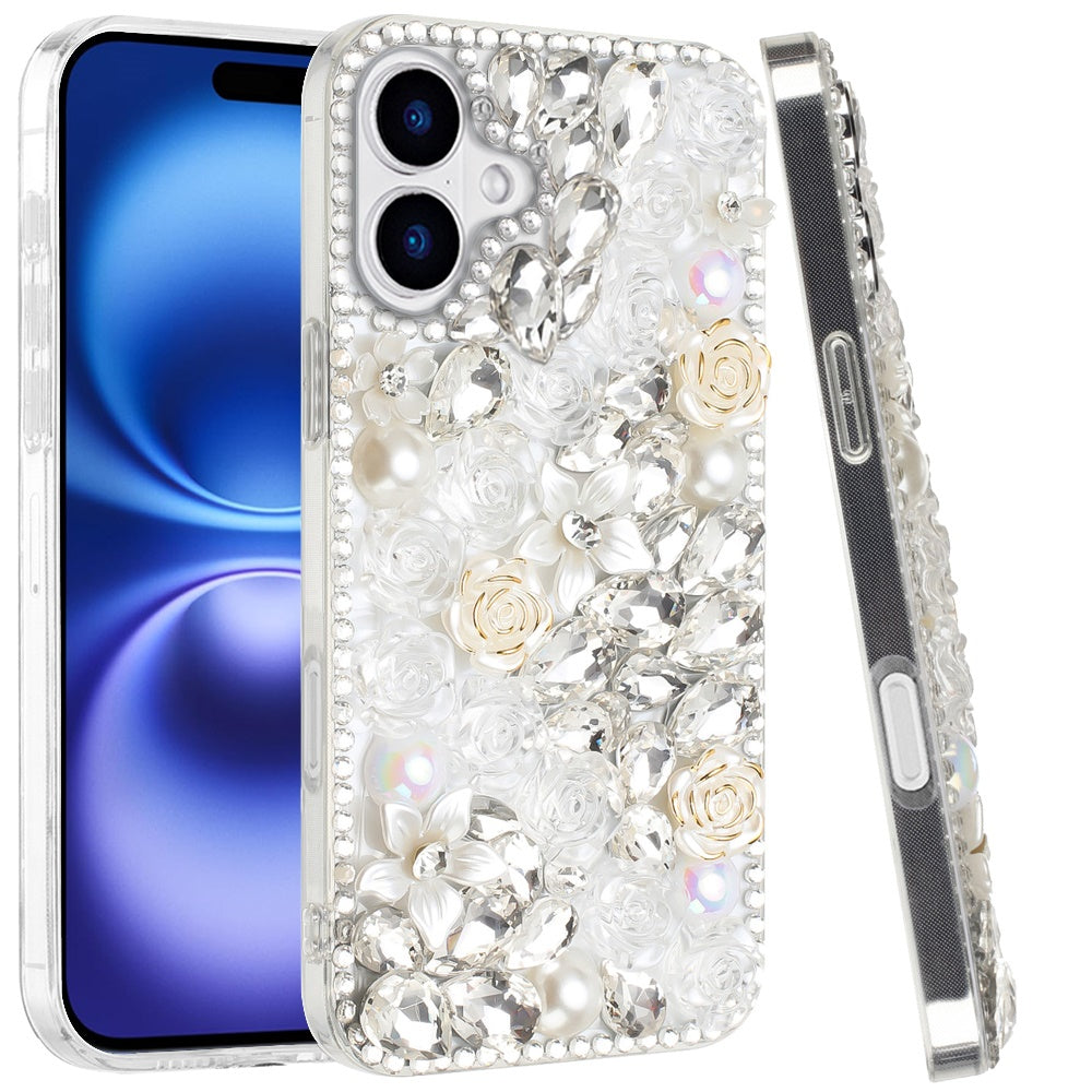For Apple iPhone 17 (6.3") Fashion Rose Flower Floral, 3D Bling Crystal Full Diamonds Pearl Sparkle Rhinestone Glitter Hybrid Case Cover