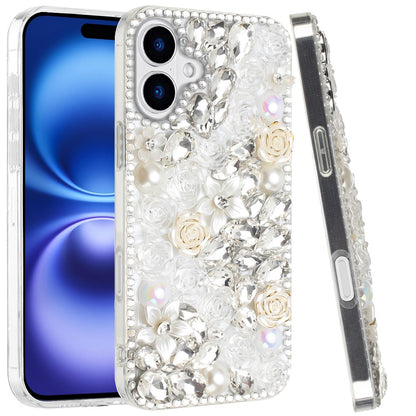 For Apple iPhone 17 (6.3") Fashion Rose Flower Floral, 3D Bling Crystal Full Diamonds Pearl Sparkle Rhinestone Glitter Hybrid Case Cover