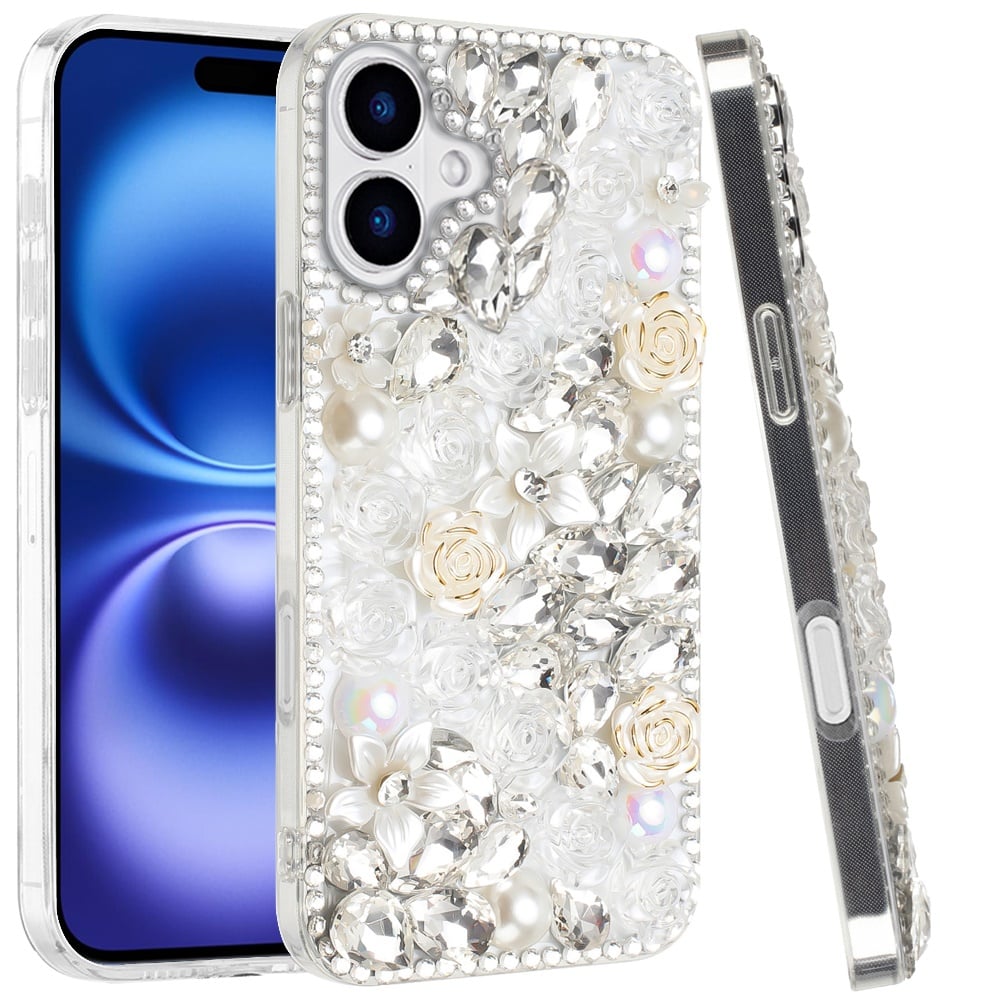 For Apple iPhone 17 (6.3") Fashion Rose Flower Floral, 3D Bling Crystal Full Diamonds Pearl Sparkle Rhinestone Glitter Hybrid Case Cover