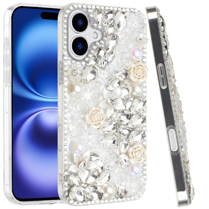 For Apple iPhone 17 (6.3") Fashion Rose Flower Floral, 3D Bling Crystal Full Diamonds Pearl Sparkle Rhinestone Glitter Hybrid Case Cover