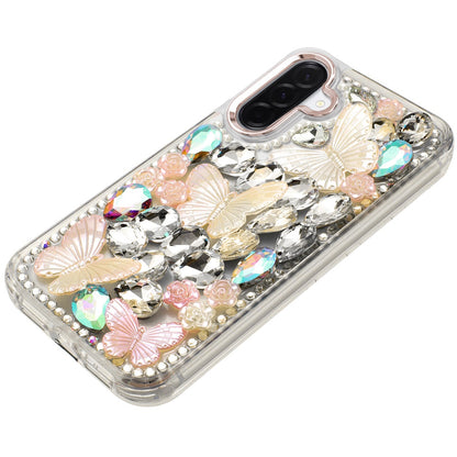For Samsung Galaxy A17 5G 3D Diamond Floral Butterfly Bling Stone Hybrid, Sparkly Rhinestone Gemstone Back Shockproof Case Cover