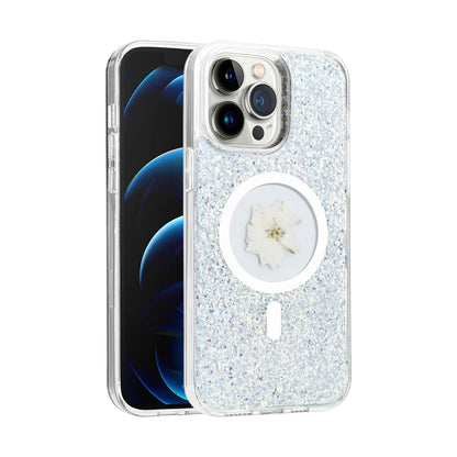 For Apple iPhone 15 Pro Max MagSafe Compatible Glitter Flower Epoxy Hybrid Slim TPU Case, Magnetic Circle Design, Sparkly Bling Protective Case Cover Silver