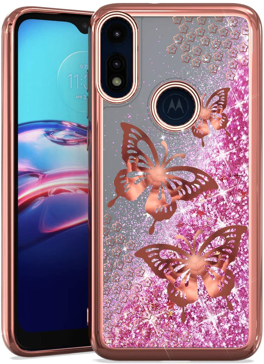For Apple iPhone 15 Pro (6.1") Quicksand Liquid Glitter Bling Flowing Sparkle Fashion Hybrid TPU Chrome Plating Hard Butterfly Phone Case Cover