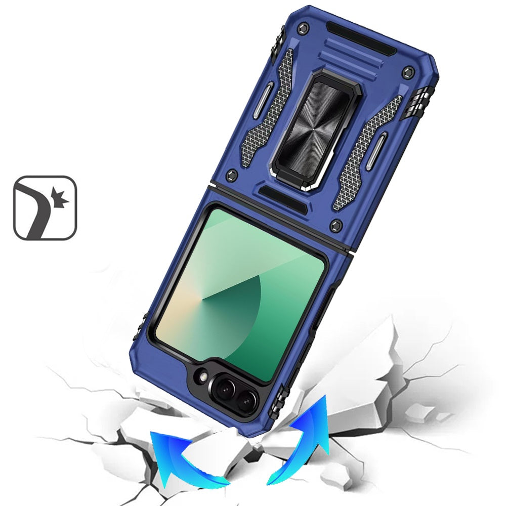For Samsung Galaxy Z Flip 7 Tough Hybrid Case with Movable Camera Window & Metal Ring Stand Shockproof Case Cover
