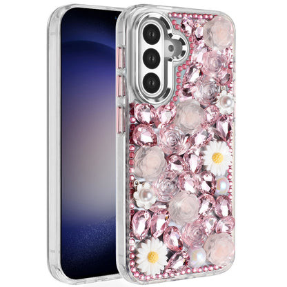 For Samsung Galaxy A36 Fashion Daisy Floral Series, Full 3D Bling Crystal Diamonds Sparkling Rhinestone Glitter Hybrid Design Case Cover Pink