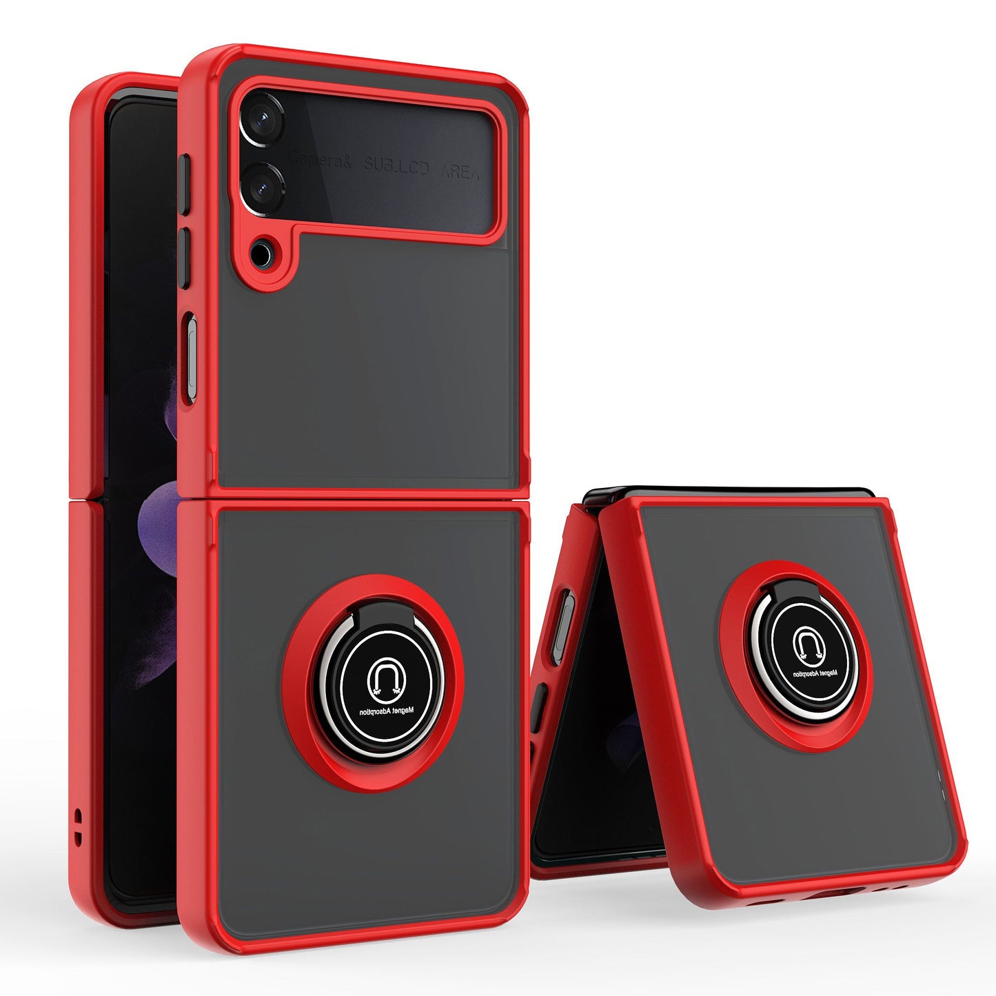 For Samsung Galaxy Z Fold 7 Semi Transparent Matte Hybrid Protective PC & TPU Shockproof with 360° Rotation Ring Stand Case Cover Red