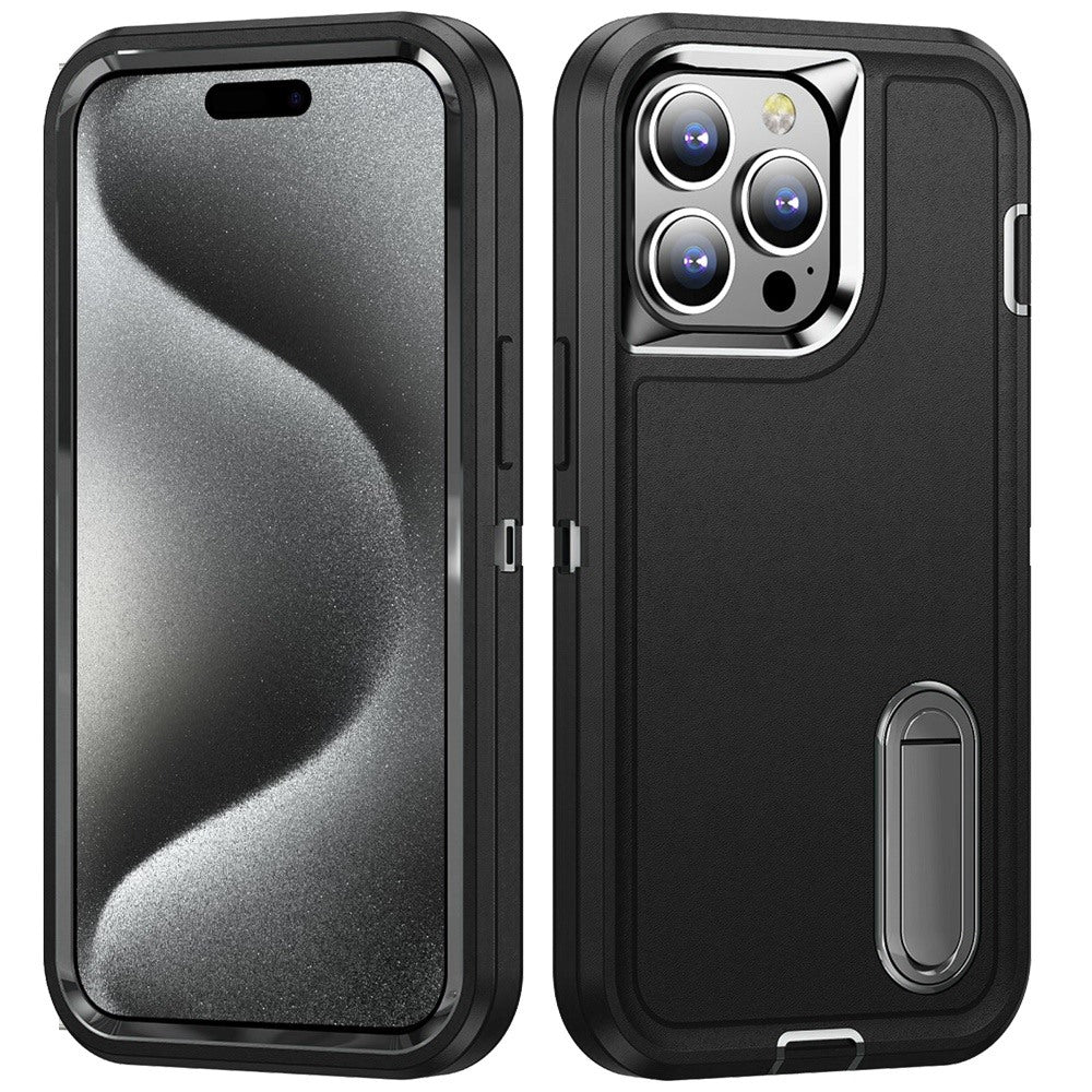 For Apple iPhone 15 Hybrid 3 Layers Hard 3in1 Shockproof with Kickstand Heavy Duty Hard TPU Rubber Anti-Drop Case Cover Black