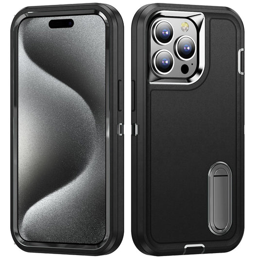 For Apple iPhone 15 Hybrid 3 Layers Hard 3in1 Shockproof with Kickstand Heavy Duty Hard TPU Rubber Anti-Drop Case Cover Black
