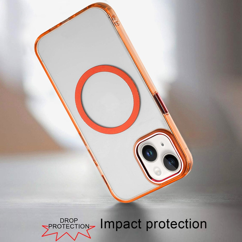 For iPhone 14/13 (6.1") Transparent Back Hybrid Case - Magnetic Circle, Color Frame, Metal Buttons, MagSafe Compatible Case Cover