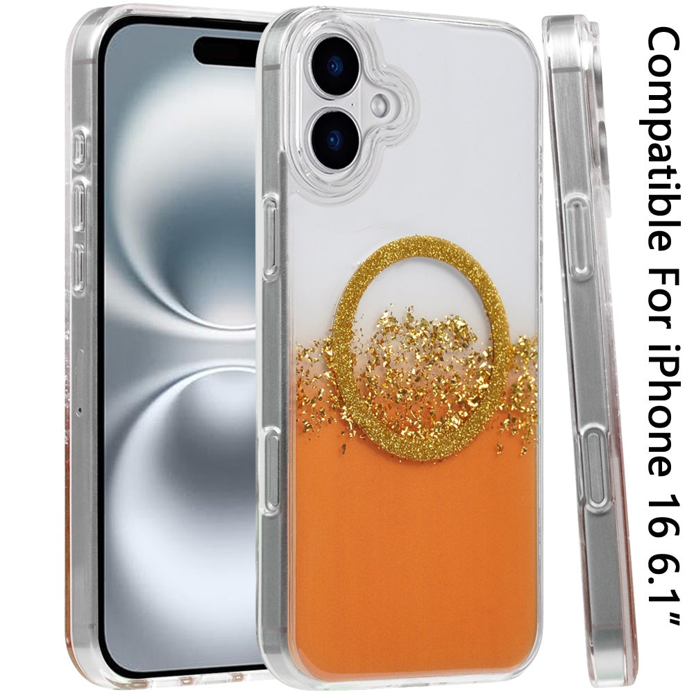 For iPhone 16 (6.1") Glitter Epoxy Transparent Magnetic Hybrid Shockproof Protection Anti Scratch Clear Back Secure Grip Stylish Durable Design Case Cover Orange