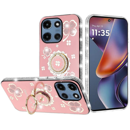 For Motorola Moto G Stylus 5G 2025 Diamonds Bling All Around Edges Sparkly Glitter Hybrid with Ring Stand Holder Fashion Good Luck Case Cover