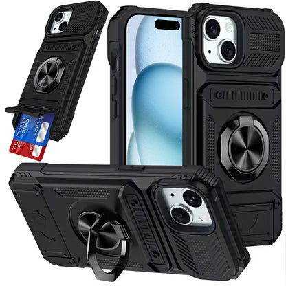 Phone Case for iPhone 15 (6.1") Multi Functional Card Slot Shockproof Metal Ring Hybrid Wallet Rugged Protective Grip Heavy Duty Durable Cover Black